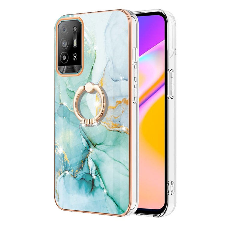 YB IMD Series-10 for Oppo A94 5G/A95 5G Light Slim IMD Rotating Ring Kickstand Design Marble Pattern Electroplating Frame TPU Soft Phone Case Shell - Green 003