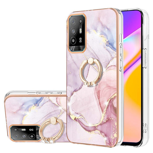 YB IMD Series-10 for Oppo A94 5G/A95 5G Light Slim IMD Rotating Ring Kickstand Design Marble Pattern Electroplating Frame TPU Soft Phone Case Shell - Rose Gold 005