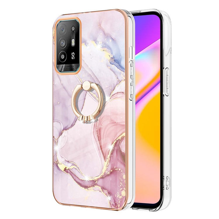 YB IMD Series-10 for Oppo A94 5G/A95 5G Light Slim IMD Rotating Ring Kickstand Design Marble Pattern Electroplating Frame TPU Soft Phone Case Shell - Rose Gold 005
