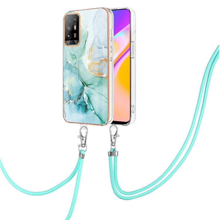 YB IMD Series-9 Marble Pattern Case for Oppo A95 5G/A94 5G Ultra-slim Light Electroplating Frame TPU IMD Lanyard Mobile Phone Case - Green 003