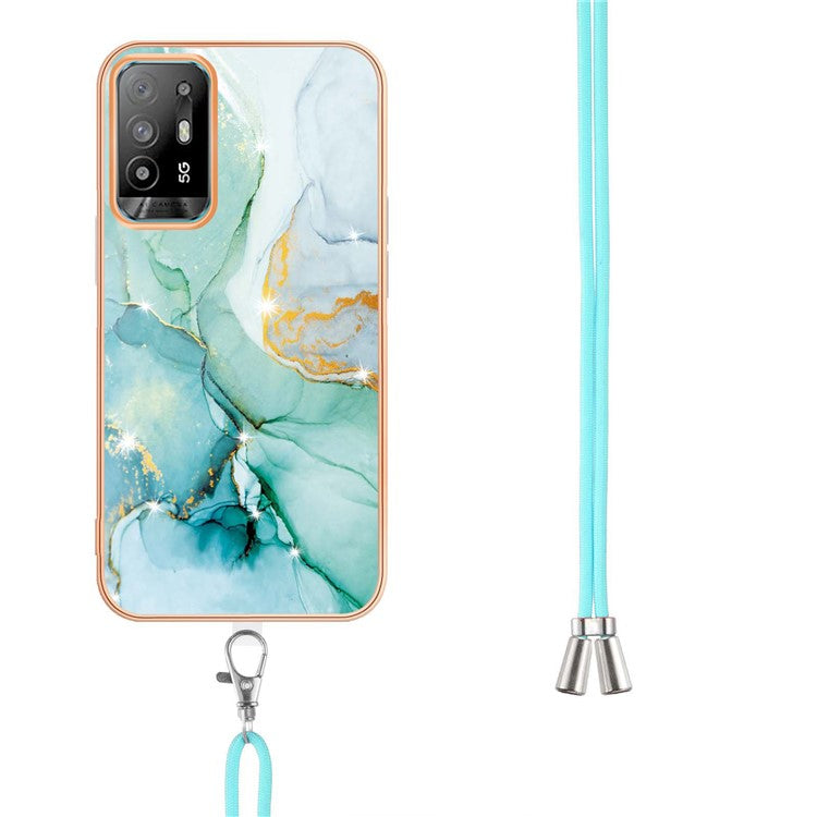 YB IMD Series-9 Marble Pattern Case for Oppo A95 5G/A94 5G Ultra-slim Light Electroplating Frame TPU IMD Lanyard Mobile Phone Case - Green 003