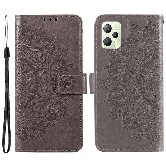 For Realme C35 PU Leather Scratch-resistant Cover Foldable Stand Imprinted Mandala Flower Wallet Case with Strap - Grey