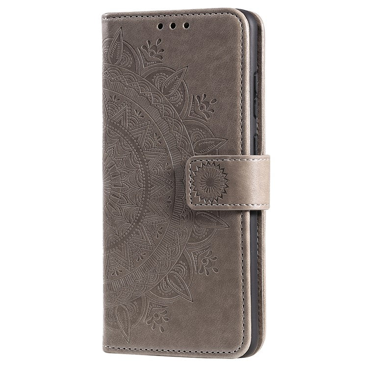 For Realme C35 PU Leather Scratch-resistant Cover Foldable Stand Imprinted Mandala Flower Wallet Case with Strap - Grey