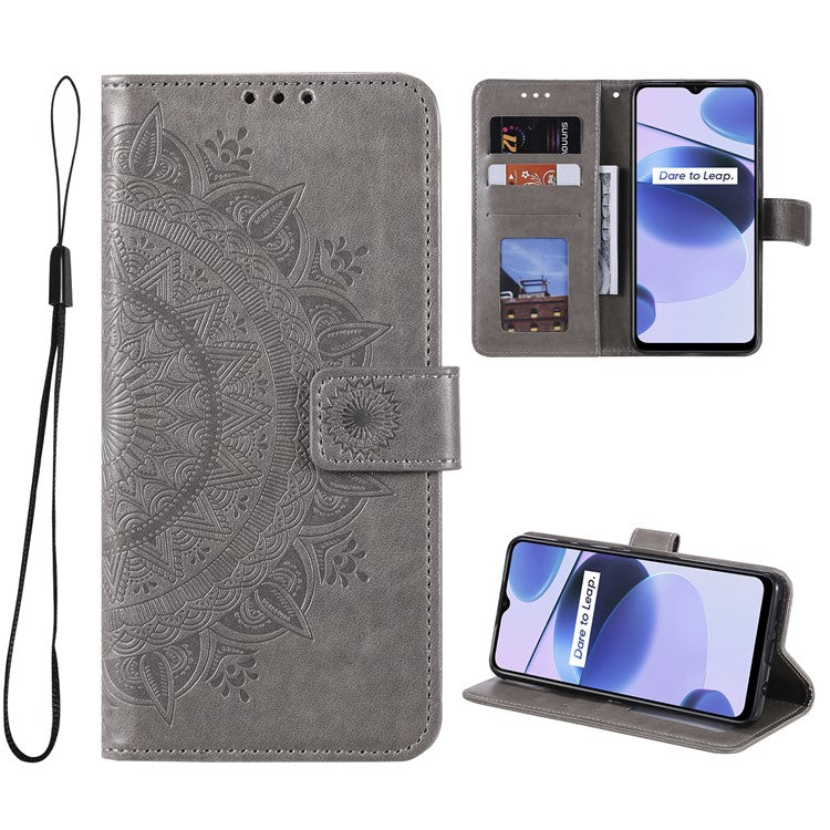 For Realme C35 PU Leather Scratch-resistant Cover Foldable Stand Imprinted Mandala Flower Wallet Case with Strap - Grey