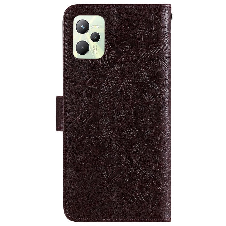 For Realme C35 PU Leather Scratch-resistant Cover Foldable Stand Imprinted Mandala Flower Wallet Case with Strap - Brown