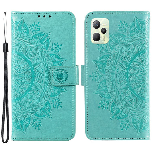 For Realme C35 PU Leather Scratch-resistant Cover Foldable Stand Imprinted Mandala Flower Wallet Case with Strap - Green