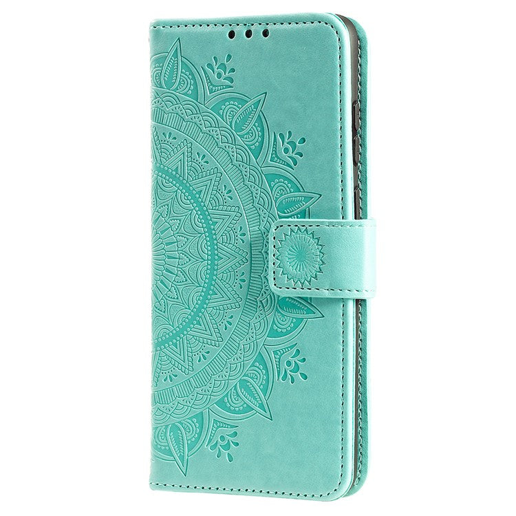 For Realme C35 PU Leather Scratch-resistant Cover Foldable Stand Imprinted Mandala Flower Wallet Case with Strap - Green