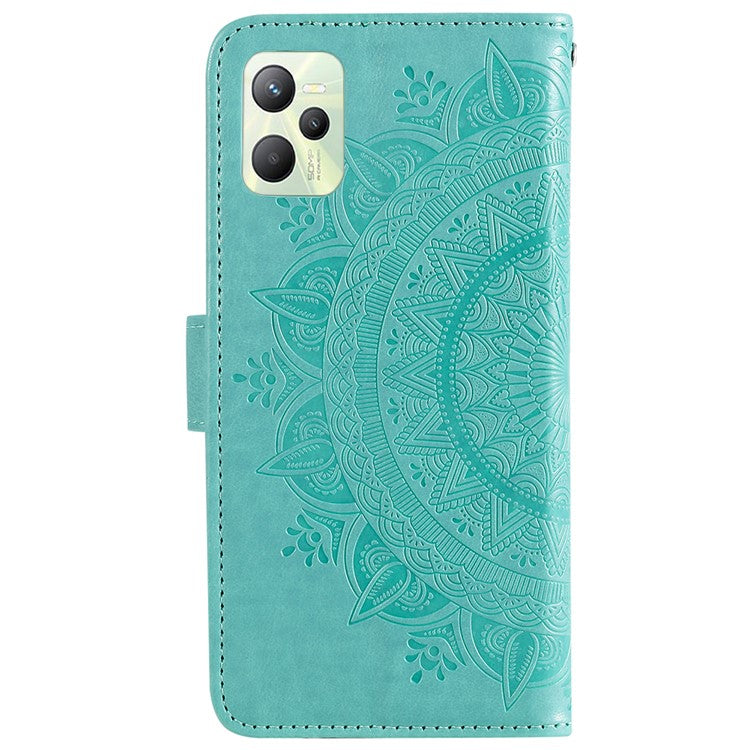 For Realme C35 PU Leather Scratch-resistant Cover Foldable Stand Imprinted Mandala Flower Wallet Case with Strap - Green