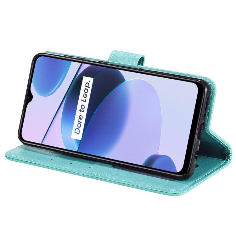 For Realme C35 PU Leather Scratch-resistant Cover Foldable Stand Imprinted Mandala Flower Wallet Case with Strap - Green