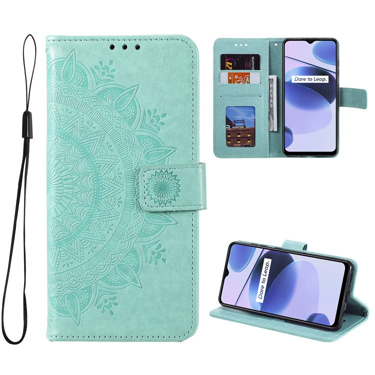 For Realme C35 PU Leather Scratch-resistant Cover Foldable Stand Imprinted Mandala Flower Wallet Case with Strap - Green