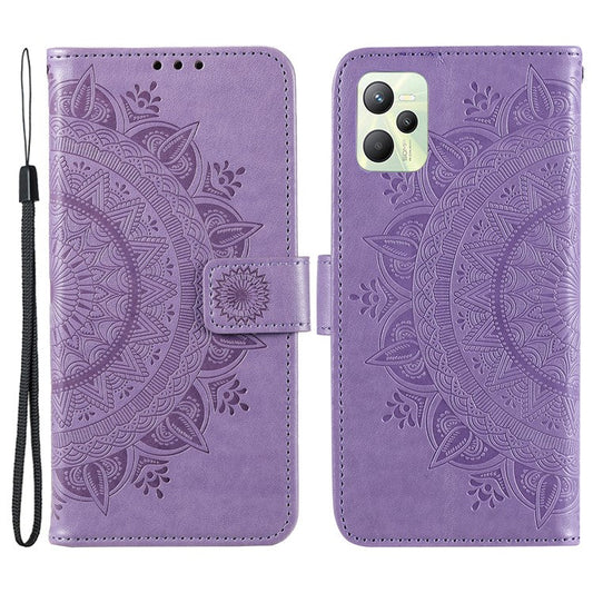 For Realme C35 PU Leather Scratch-resistant Cover Foldable Stand Imprinted Mandala Flower Wallet Case with Strap - Purple