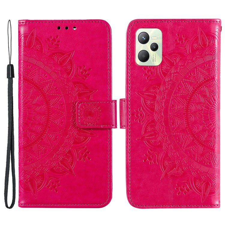 For Realme C35 PU Leather Scratch-resistant Cover Foldable Stand Imprinted Mandala Flower Wallet Case with Strap - Red