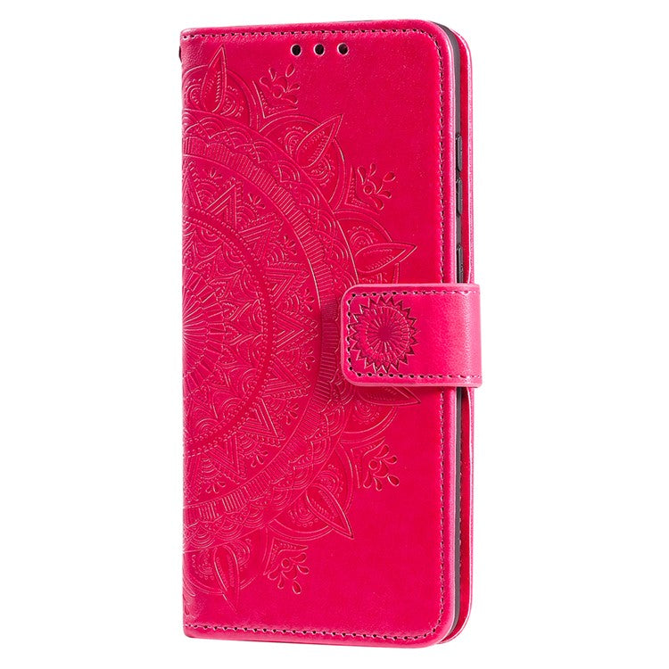 For Realme C35 PU Leather Scratch-resistant Cover Foldable Stand Imprinted Mandala Flower Wallet Case with Strap - Red