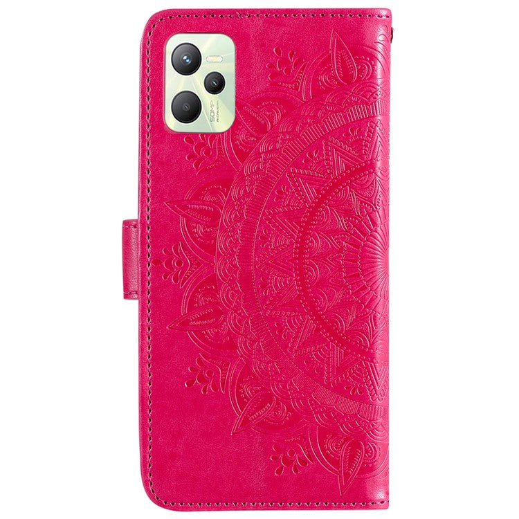 For Realme C35 PU Leather Scratch-resistant Cover Foldable Stand Imprinted Mandala Flower Wallet Case with Strap - Red
