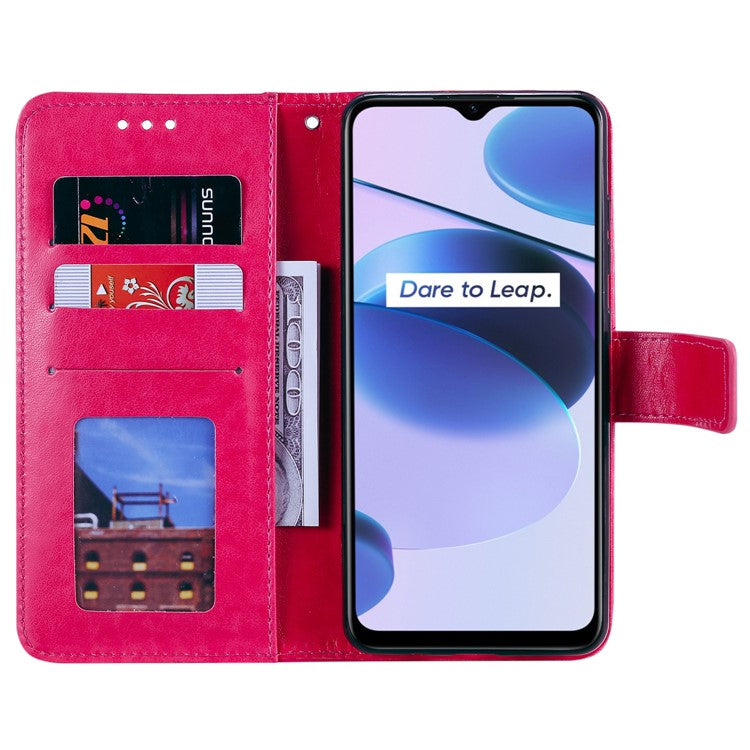For Realme C35 PU Leather Scratch-resistant Cover Foldable Stand Imprinted Mandala Flower Wallet Case with Strap - Red