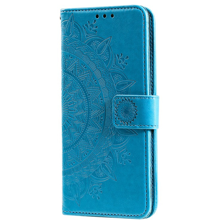 For Realme C35 PU Leather Scratch-resistant Cover Foldable Stand Imprinted Mandala Flower Wallet Case with Strap - Blue