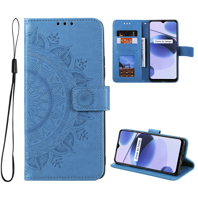 For Realme C35 PU Leather Scratch-resistant Cover Foldable Stand Imprinted Mandala Flower Wallet Case with Strap - Blue