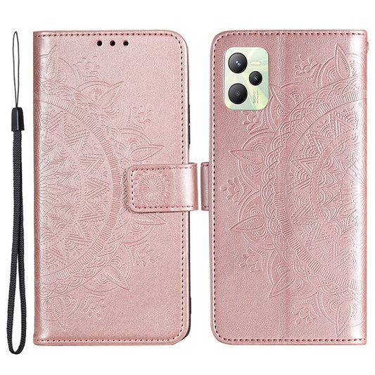 For Realme C35 PU Leather Scratch-resistant Cover Foldable Stand Imprinted Mandala Flower Wallet Case with Strap - Rose Gold