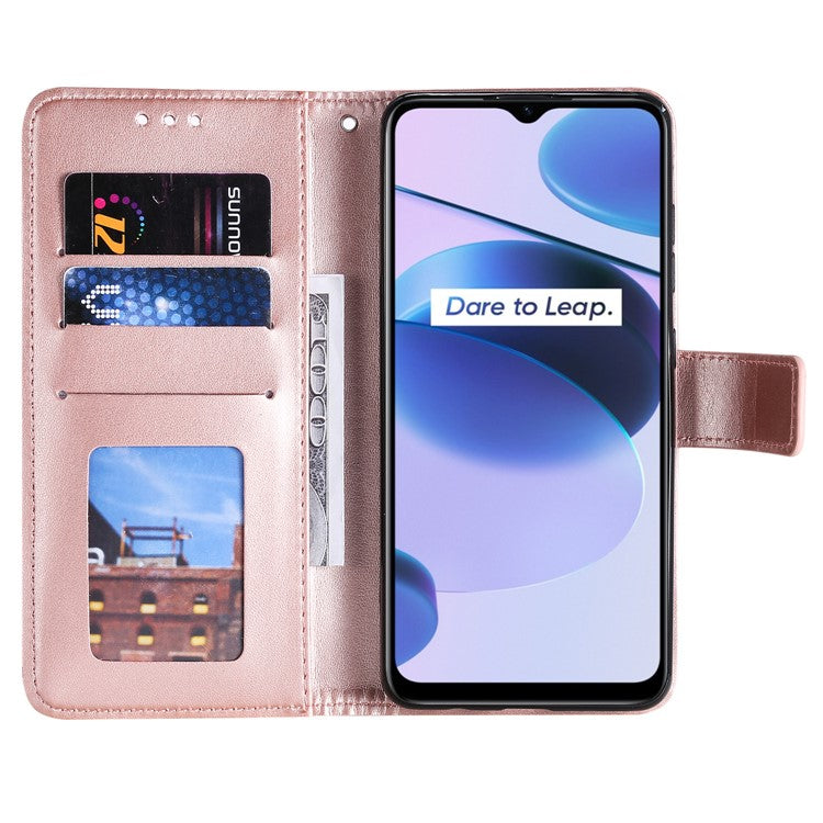 For Realme C35 PU Leather Scratch-resistant Cover Foldable Stand Imprinted Mandala Flower Wallet Case with Strap - Rose Gold