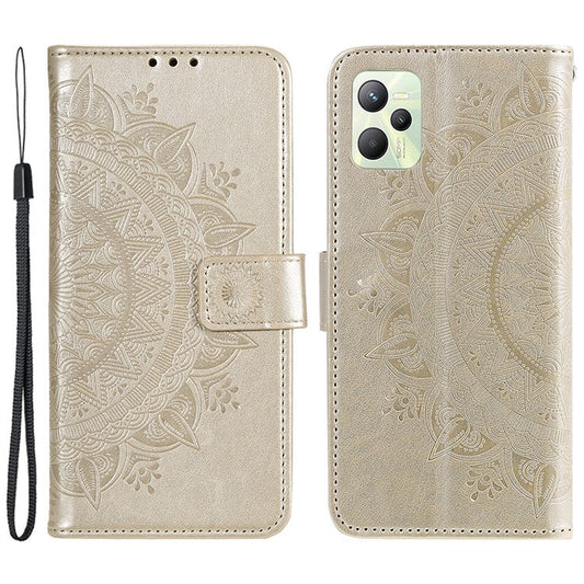 For Realme C35 PU Leather Scratch-resistant Cover Foldable Stand Imprinted Mandala Flower Wallet Case with Strap - Gold
