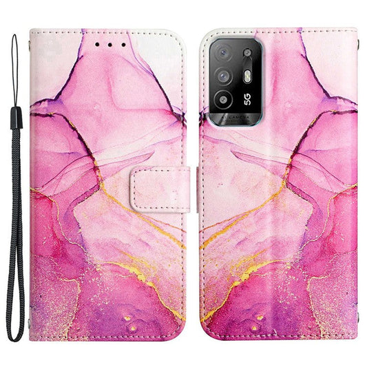 YB Pattern Printing Leather Series-5 for Oppo A94 5G/A95 5G/F19 Pro+ 5G/Reno5 Z 5G Marble Pattern PU Leather Adjustable Stand Cellphone Wallet Case - Pink Purple Gold LS001