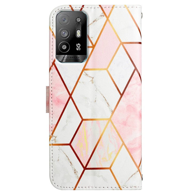 YB Pattern Printing Leather Series-5 for Oppo A94 5G/A95 5G/F19 Pro+ 5G/Reno5 Z 5G Marble Pattern PU Leather Adjustable Stand Cellphone Wallet Case - Pink White LS002