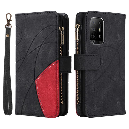 KT Multi-function Series-5 for Oppo A94 5G/F19 Pro+ 5G/Reno Z/A95 5G/Reno5 Lite Bi-color Splicing Leather Phone Shell with Handy Strap Multiple Card Slots Zipper Pocket Stand Case - Black
