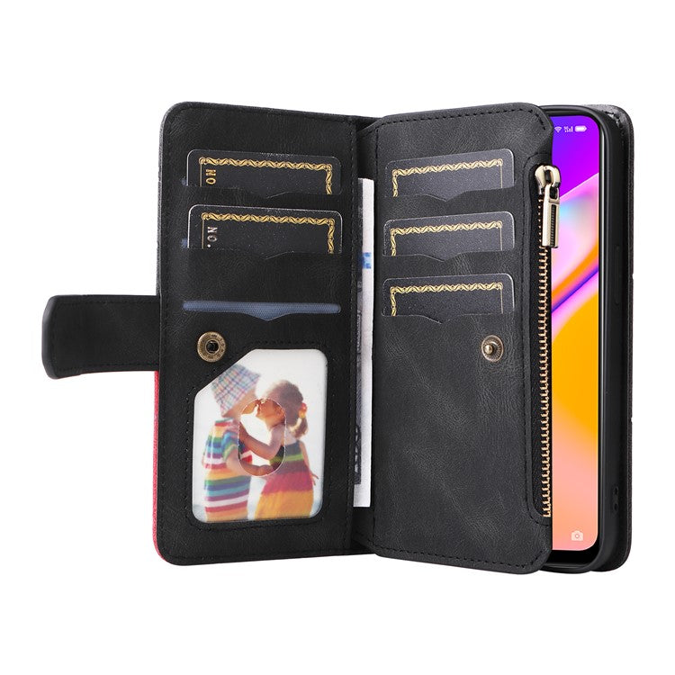 KT Multi-function Series-5 for Oppo A94 5G/F19 Pro+ 5G/Reno Z/A95 5G/Reno5 Lite Bi-color Splicing Leather Phone Shell with Handy Strap Multiple Card Slots Zipper Pocket Stand Case - Black