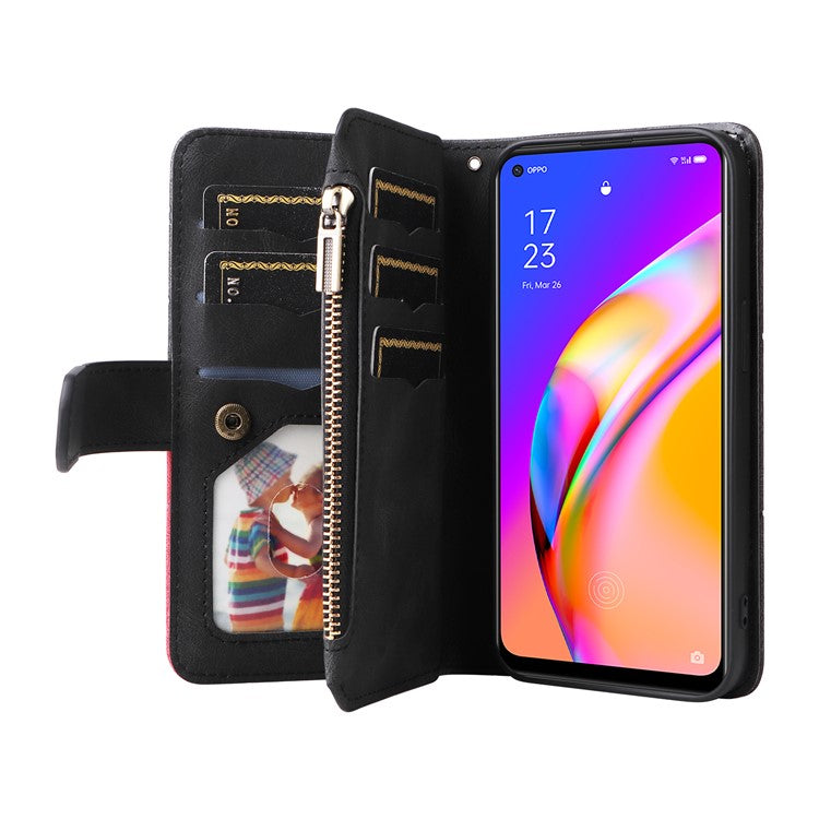 KT Multi-function Series-5 for Oppo A94 5G/F19 Pro+ 5G/Reno Z/A95 5G/Reno5 Lite Bi-color Splicing Leather Phone Shell with Handy Strap Multiple Card Slots Zipper Pocket Stand Case - Black