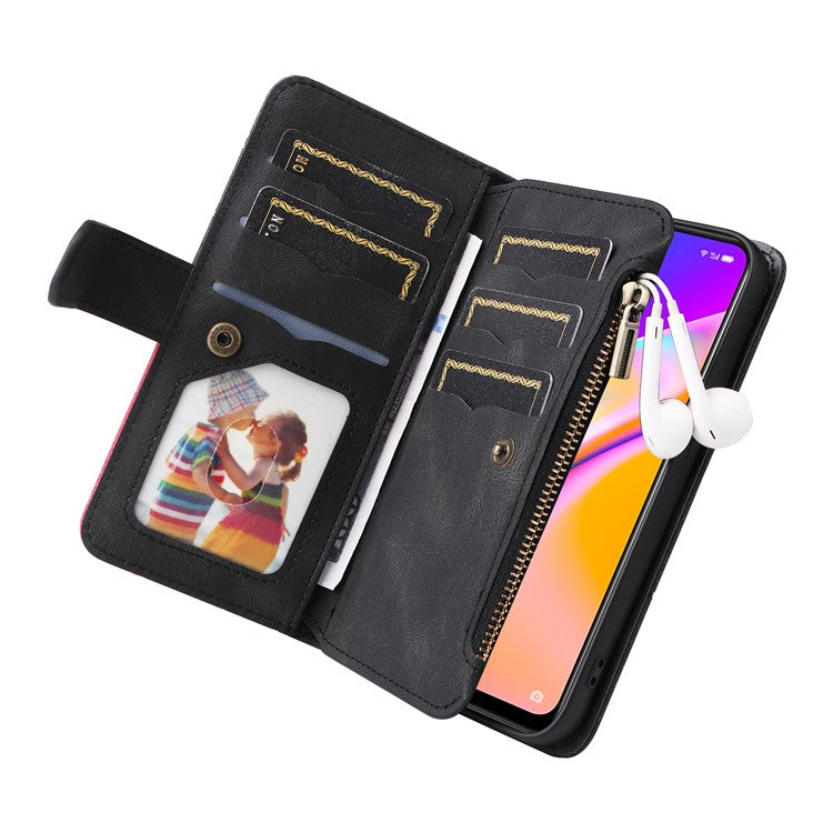 KT Multi-function Series-5 for Oppo A94 5G/F19 Pro+ 5G/Reno Z/A95 5G/Reno5 Lite Bi-color Splicing Leather Phone Shell with Handy Strap Multiple Card Slots Zipper Pocket Stand Case - Black