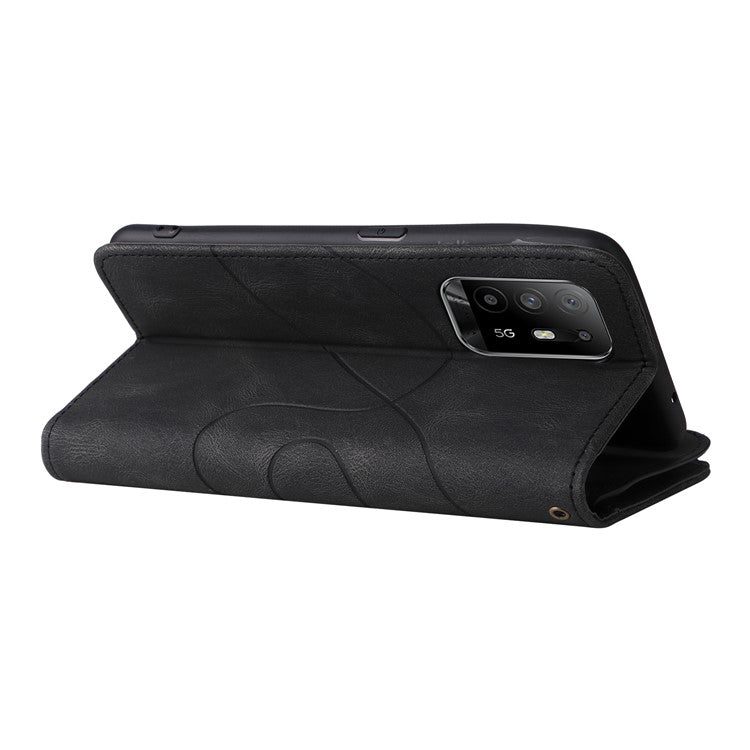 KT Multi-function Series-5 for Oppo A94 5G/F19 Pro+ 5G/Reno Z/A95 5G/Reno5 Lite Bi-color Splicing Leather Phone Shell with Handy Strap Multiple Card Slots Zipper Pocket Stand Case - Black