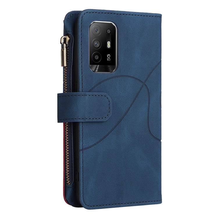 KT Multi-function Series-5 for Oppo A94 5G/F19 Pro+ 5G/Reno Z/A95 5G/Reno5 Lite Bi-color Splicing Leather Phone Shell with Handy Strap Multiple Card Slots Zipper Pocket Stand Case - Blue