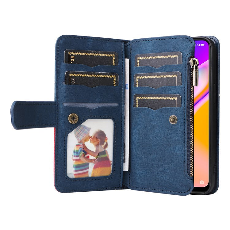 KT Multi-function Series-5 for Oppo A94 5G/F19 Pro+ 5G/Reno Z/A95 5G/Reno5 Lite Bi-color Splicing Leather Phone Shell with Handy Strap Multiple Card Slots Zipper Pocket Stand Case - Blue