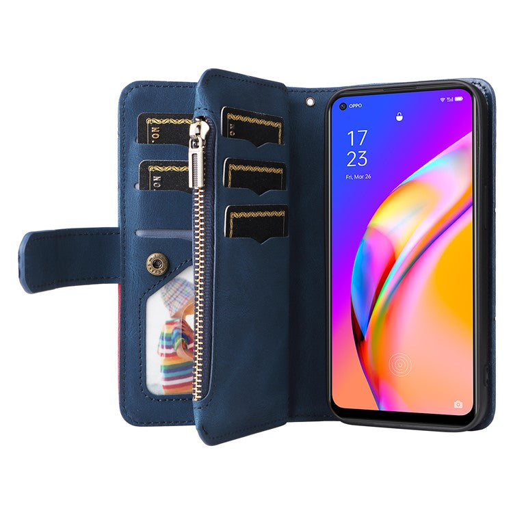 KT Multi-function Series-5 for Oppo A94 5G/F19 Pro+ 5G/Reno Z/A95 5G/Reno5 Lite Bi-color Splicing Leather Phone Shell with Handy Strap Multiple Card Slots Zipper Pocket Stand Case - Blue