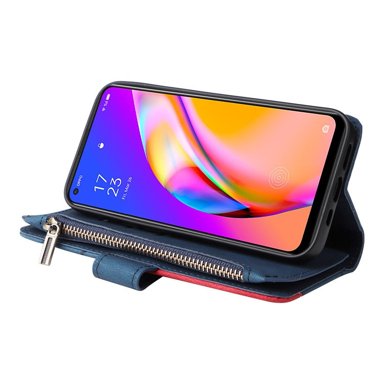 KT Multi-function Series-5 for Oppo A94 5G/F19 Pro+ 5G/Reno Z/A95 5G/Reno5 Lite Bi-color Splicing Leather Phone Shell with Handy Strap Multiple Card Slots Zipper Pocket Stand Case - Blue