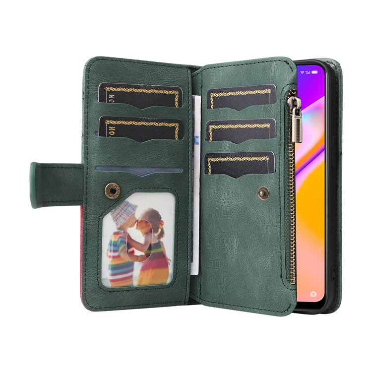 KT Multi-function Series-5 for Oppo A94 5G/F19 Pro+ 5G/Reno Z/A95 5G/Reno5 Lite Bi-color Splicing Leather Phone Shell with Handy Strap Multiple Card Slots Zipper Pocket Stand Case - Green