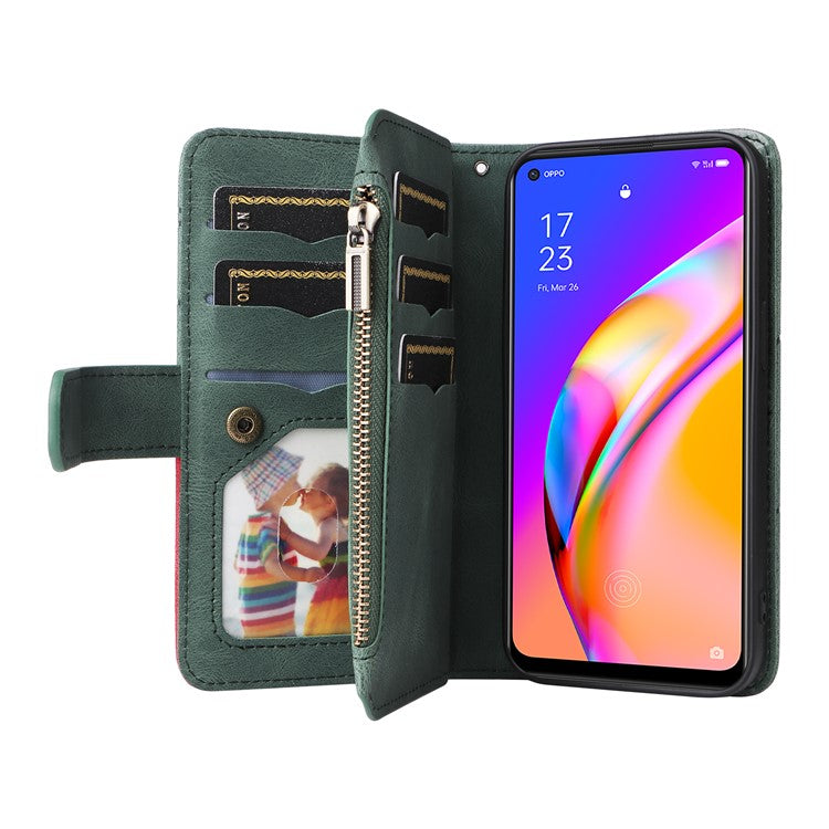 KT Multi-function Series-5 for Oppo A94 5G/F19 Pro+ 5G/Reno Z/A95 5G/Reno5 Lite Bi-color Splicing Leather Phone Shell with Handy Strap Multiple Card Slots Zipper Pocket Stand Case - Green