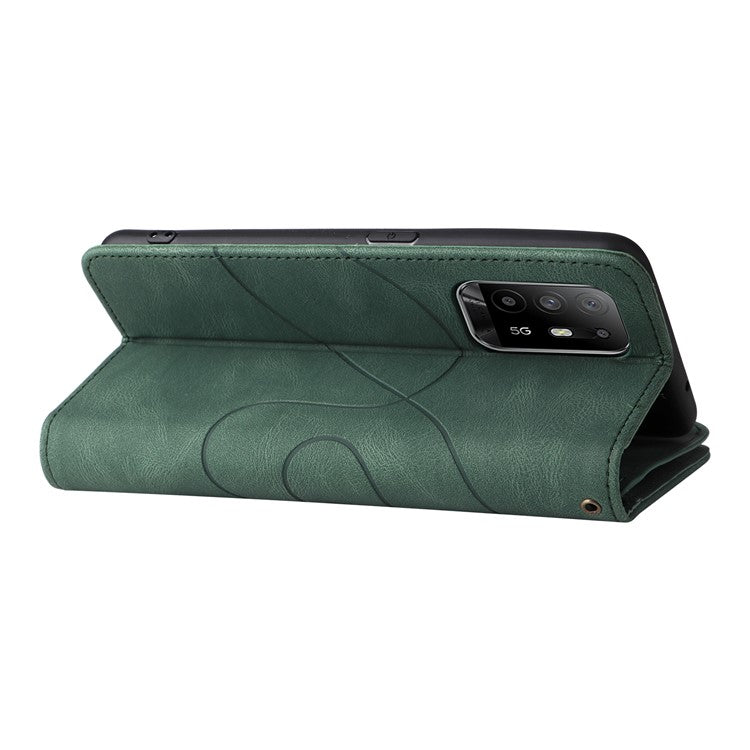 KT Multi-function Series-5 for Oppo A94 5G/F19 Pro+ 5G/Reno Z/A95 5G/Reno5 Lite Bi-color Splicing Leather Phone Shell with Handy Strap Multiple Card Slots Zipper Pocket Stand Case - Green