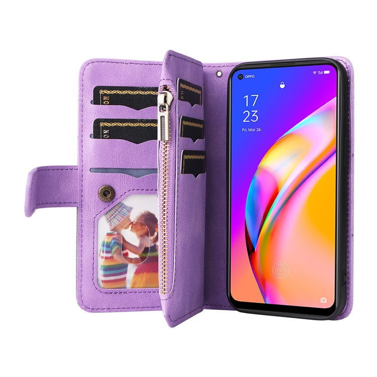 KT Multi-function Series-5 for Oppo A94 5G/F19 Pro+ 5G/Reno Z/A95 5G/Reno5 Lite Bi-color Splicing Leather Phone Shell with Handy Strap Multiple Card Slots Zipper Pocket Stand Case - Light Purple