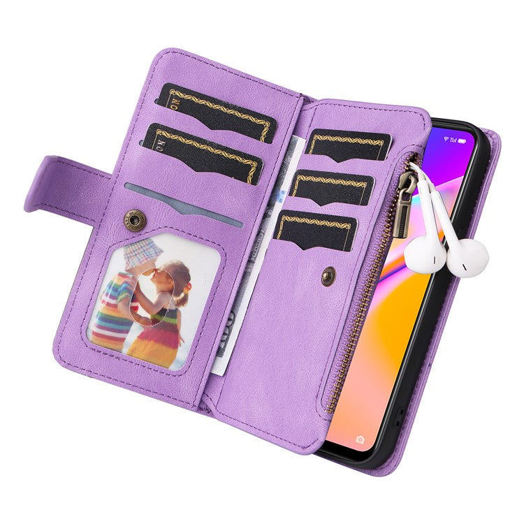 KT Multi-function Series-5 for Oppo A94 5G/F19 Pro+ 5G/Reno Z/A95 5G/Reno5 Lite Bi-color Splicing Leather Phone Shell with Handy Strap Multiple Card Slots Zipper Pocket Stand Case - Light Purple