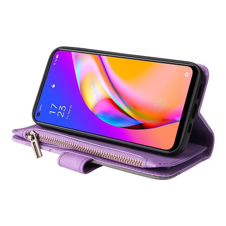KT Multi-function Series-5 for Oppo A94 5G/F19 Pro+ 5G/Reno Z/A95 5G/Reno5 Lite Bi-color Splicing Leather Phone Shell with Handy Strap Multiple Card Slots Zipper Pocket Stand Case - Light Purple