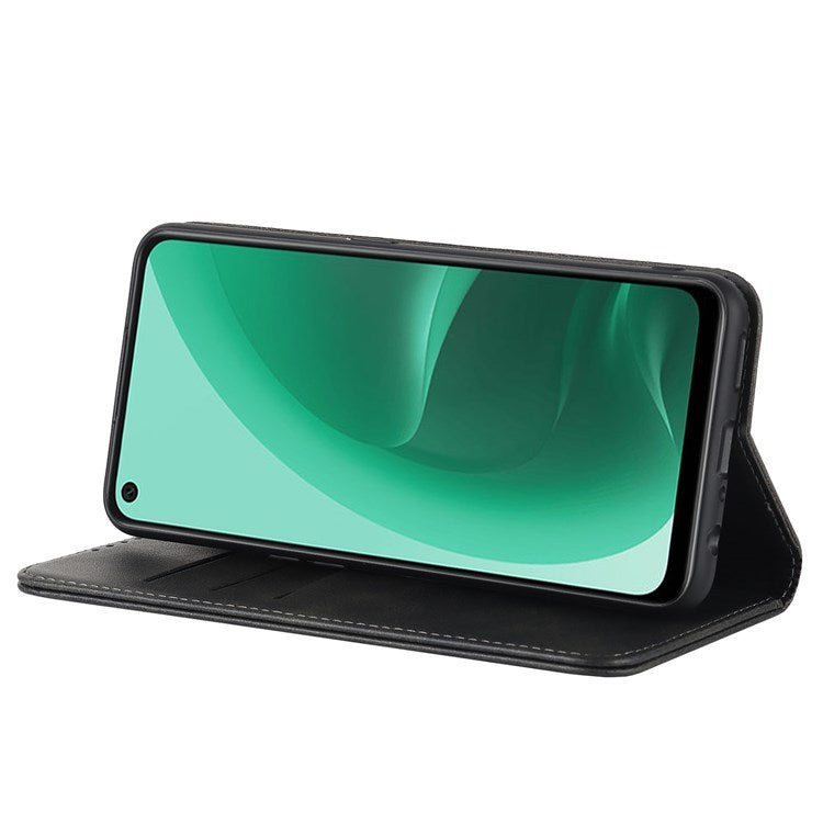 Textured PU Leather Wallet Case for Oppo A55s 5G, Magnetic Auto-absorbed Adjustable Phone Cover - Black