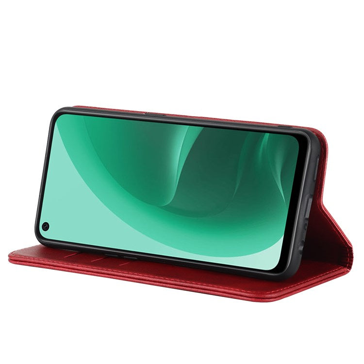 Textured PU Leather Wallet Case for Oppo A55s 5G, Magnetic Auto-absorbed Adjustable Phone Cover - Red