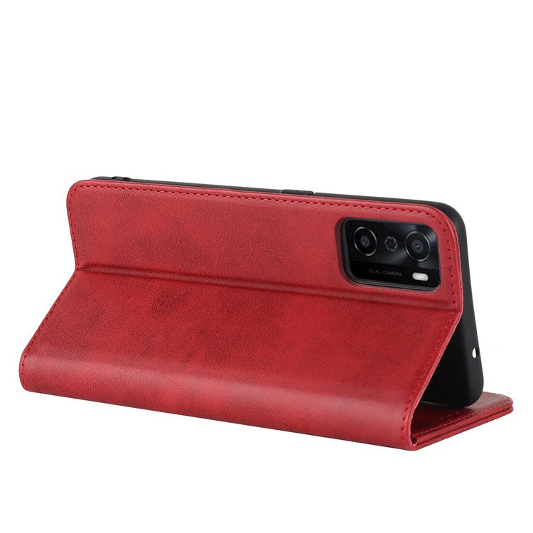 Textured PU Leather Wallet Case for Oppo A55s 5G, Magnetic Auto-absorbed Adjustable Phone Cover - Red