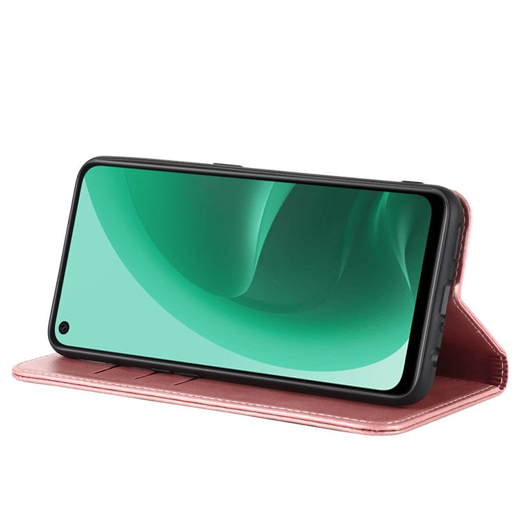 Textured PU Leather Wallet Case for Oppo A55s 5G, Magnetic Auto-absorbed Adjustable Phone Cover - Rose Gold