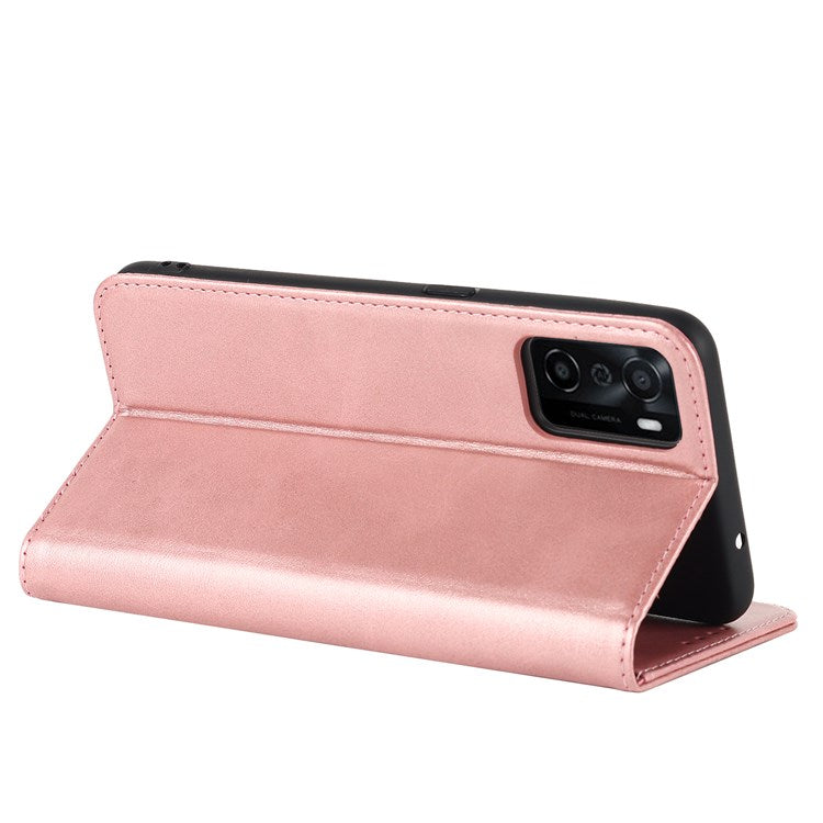 Textured PU Leather Wallet Case for Oppo A55s 5G, Magnetic Auto-absorbed Adjustable Phone Cover - Rose Gold