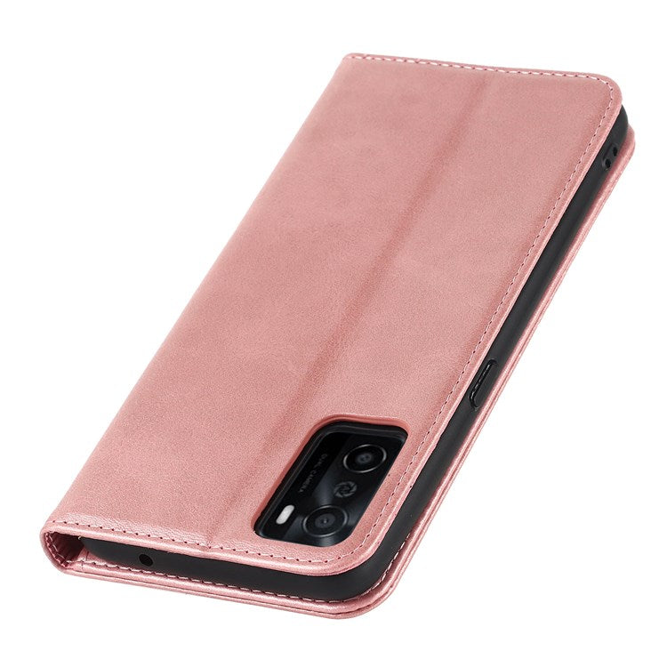 Textured PU Leather Wallet Case for Oppo A55s 5G, Magnetic Auto-absorbed Adjustable Phone Cover - Rose Gold