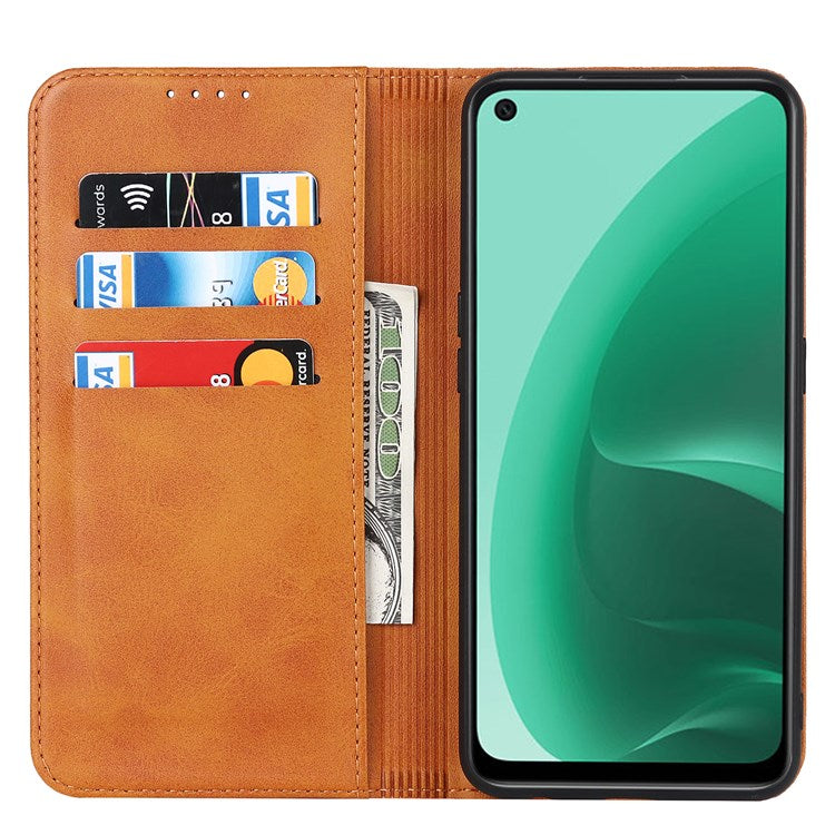 Textured PU Leather Wallet Case for Oppo A55s 5G, Magnetic Auto-absorbed Adjustable Phone Cover - Light Brown