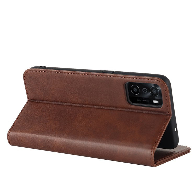 Textured PU Leather Wallet Case for Oppo A55s 5G, Magnetic Auto-absorbed Adjustable Phone Cover - Dark Brown