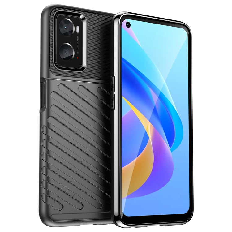 For Realme 9i/Oppo A76/A96 4G Thunder Series Twill Texture Soft TPU Phone Case Thickened Shockproof Cover - Black